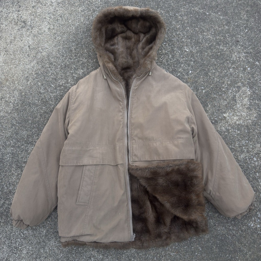 Vintage 80s Izzi Activewear Reversible Faux Fur Teddy Bear Hooded Coat Medium f1
